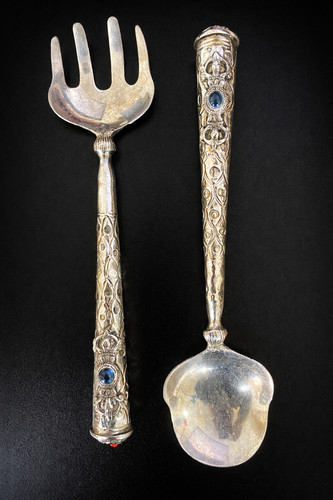 Ornate Vintage Silver Plated Salad Serving Spoon Fork Set Blue Cabochon Handle