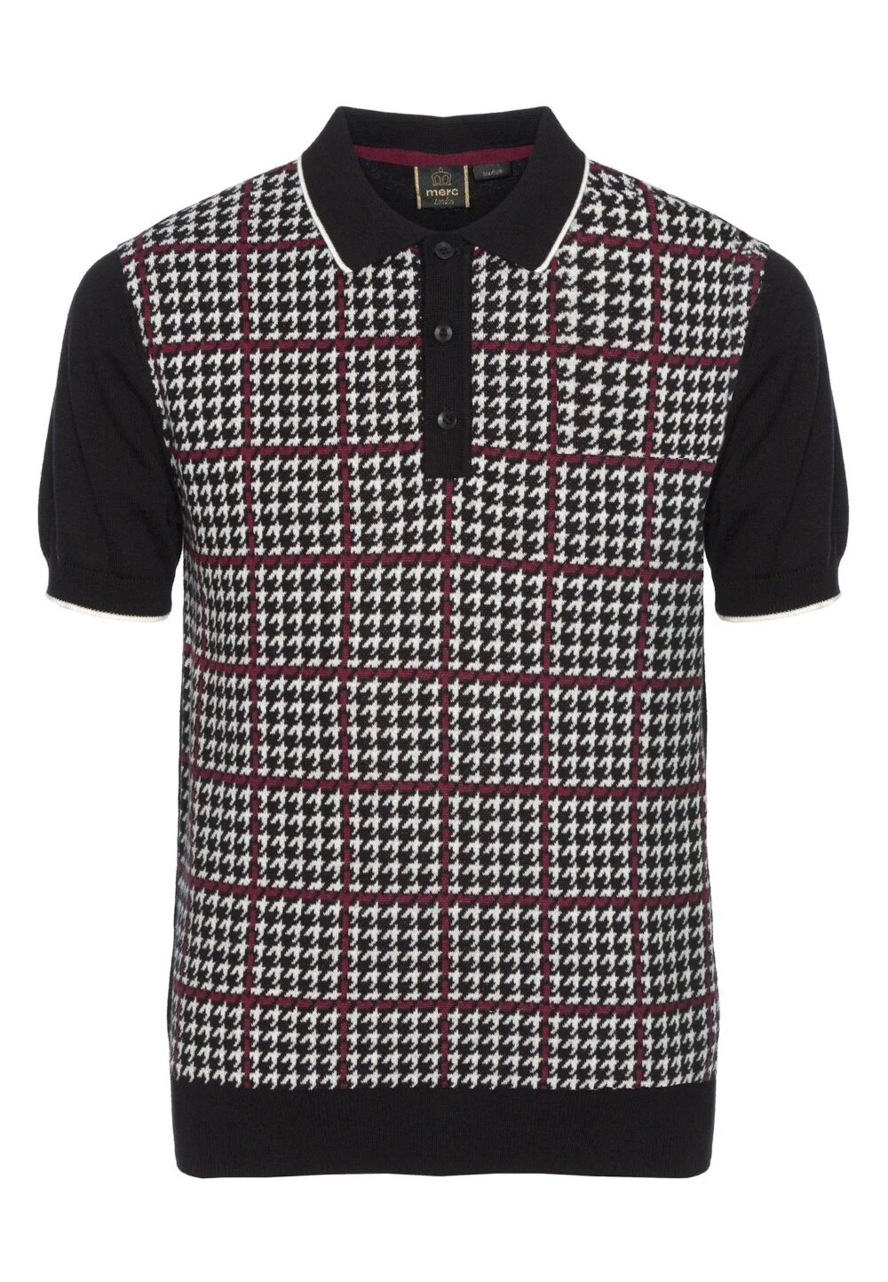 Merc Clothing Tophill Knitted Houndstooth Polo Shirt, Black. SALE