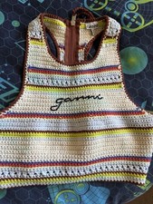 GANNI Crochet Striped Cropped Tank Top Zip Back Racerback Size 38 Beige