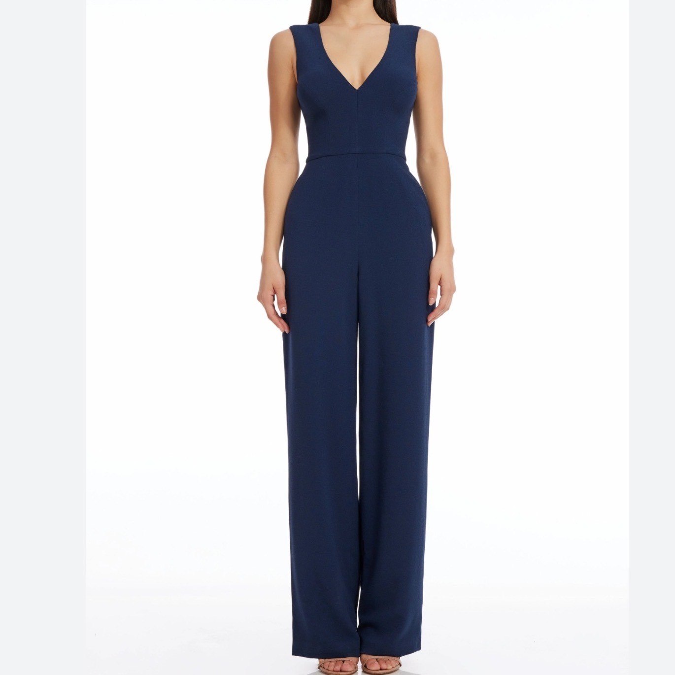 Dress the Population Sandra Navy Blue V-Neck Wide Leg Jumpsuit Womens Small NEW