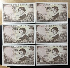 6 BANKNOTE LOT - 1965 BANK OF SPAIN 100 CIEN PESETAS MADRID UNC uncirculated