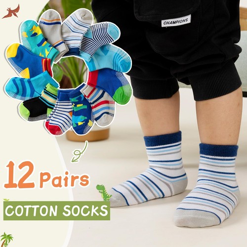 Toddler Non-Slip Grips Socks 12 Pairs Anti-Skid Cotton Crew Socks for Boys - Picture 5 of 6