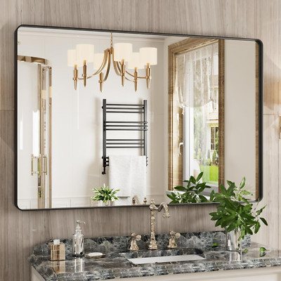 48x32 Inch Black Rounded Rectangle Wall Mirror - Matte Framed & Anti-Rust