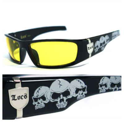Locs Mens Cholo Biker Sunglasses Shiny Black Night Driving Yellow