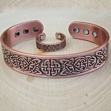 Solid Copper Magnetic Adjustable Arthritis Pain Relief Bracelet Cuff Ring Set