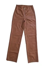 Okuohao Womens Brown Faux Leather High Waist Straight Pants Trousers. Small-UK 8