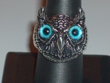 Antiqued Silvertone Blue Eyes Openwork Owl Ring- Size 8 1/2- 1 Pc.