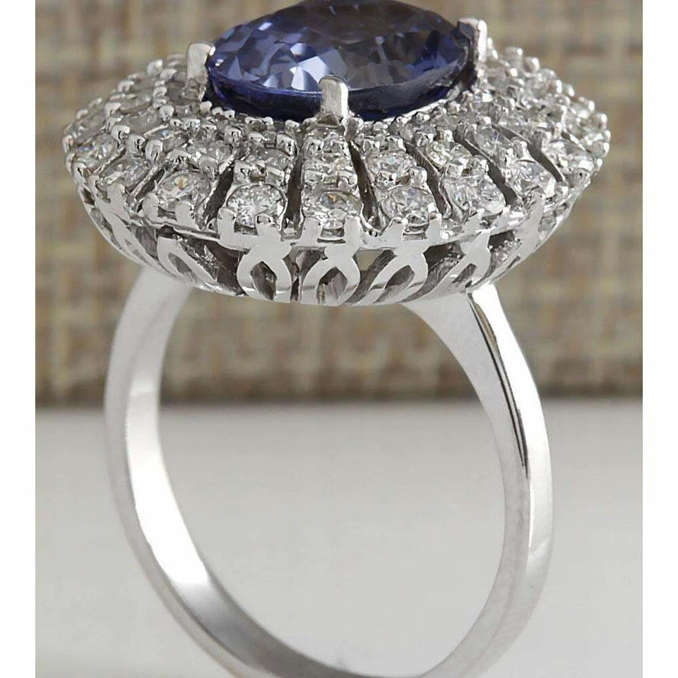 7.00TCW Light Blue Oval Sapphire With Shiny White CZ Cluster Fine Party Ring - Image 3 of 4