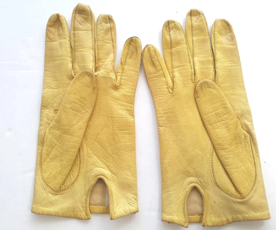 Guantes de cuero franceses para niños para mujer forrados de seda amarillos hechos en Francia vintage  Foto 2 de 4