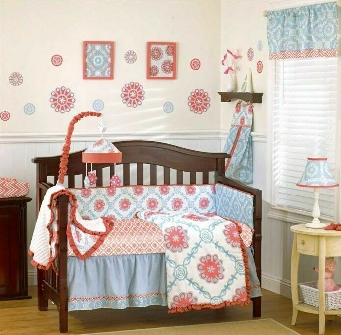 4Pc CoCaLo Dahlia Crib Bedding Set Girl's Nursery White Pink Blue