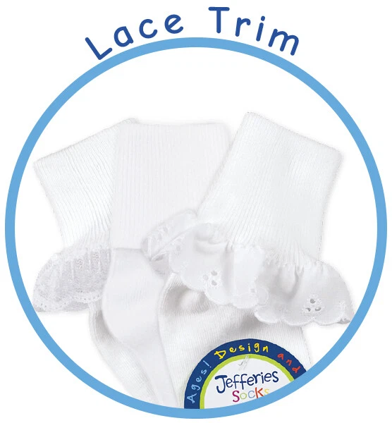 Jefferies Socks Baby Girls Fancy Lace Eyelet Trim White Turn Cuff Ankle 3 PK - Image 3 of 4