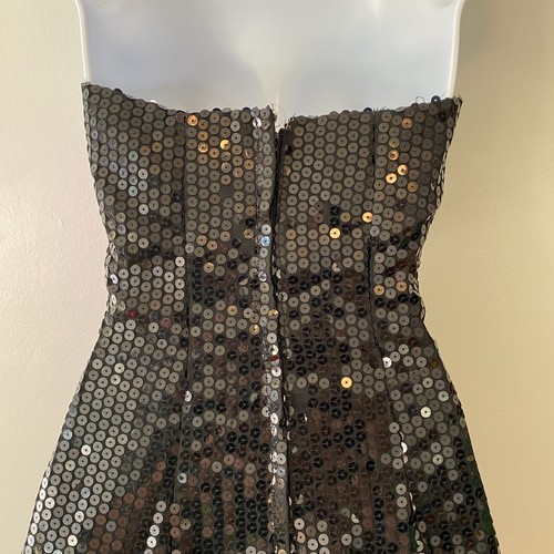 Vintage 80s Alyce Designs Purple Black Sequin Mini Strapless Dress Formal Ruffle - Picture 5 of 7