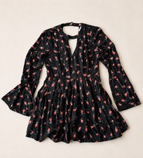 Free People Women’s Tegan Black Floral V-Neck Mini Dress Sz 0 Boho