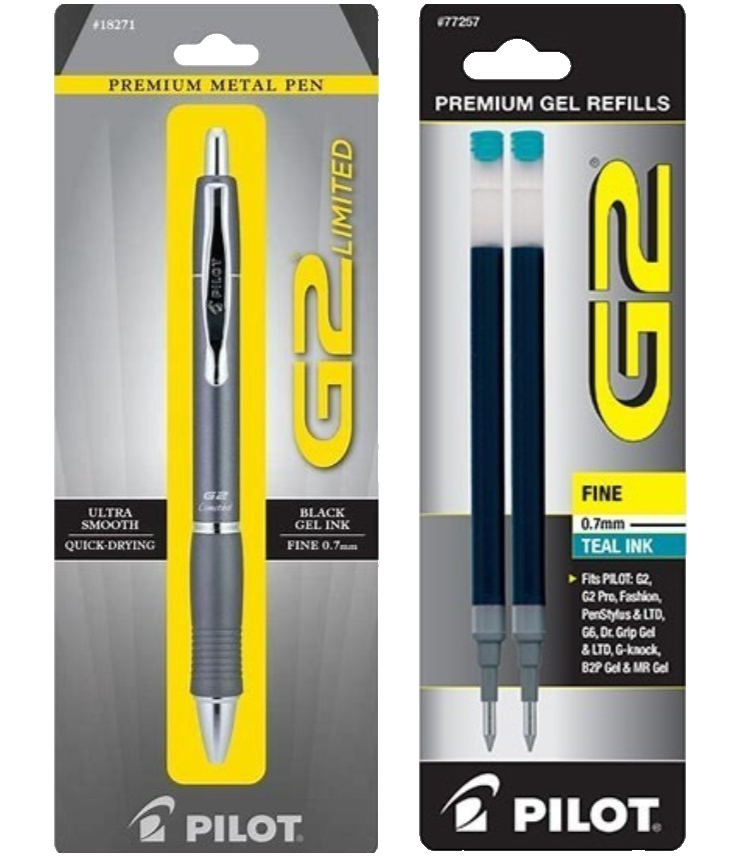 Pilot G2 Limited Metal Gel Pen 0.7mm Charcoal Barrel Teal Refills
