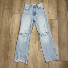 Zara Womens High-Waisted Distressed Straight-Leg Jeans Size 4 Light Blue Denim