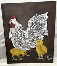 Pintura Pollo Pollos Peeps Lienzo 16"x20" Firmado Arte de Pared Gallo Pintado a Mano