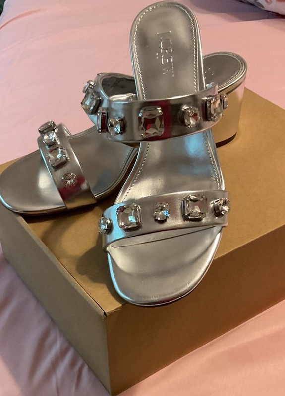 J Crew Silver Jeweled Mule Heels NWB Sz 8 New with  Box