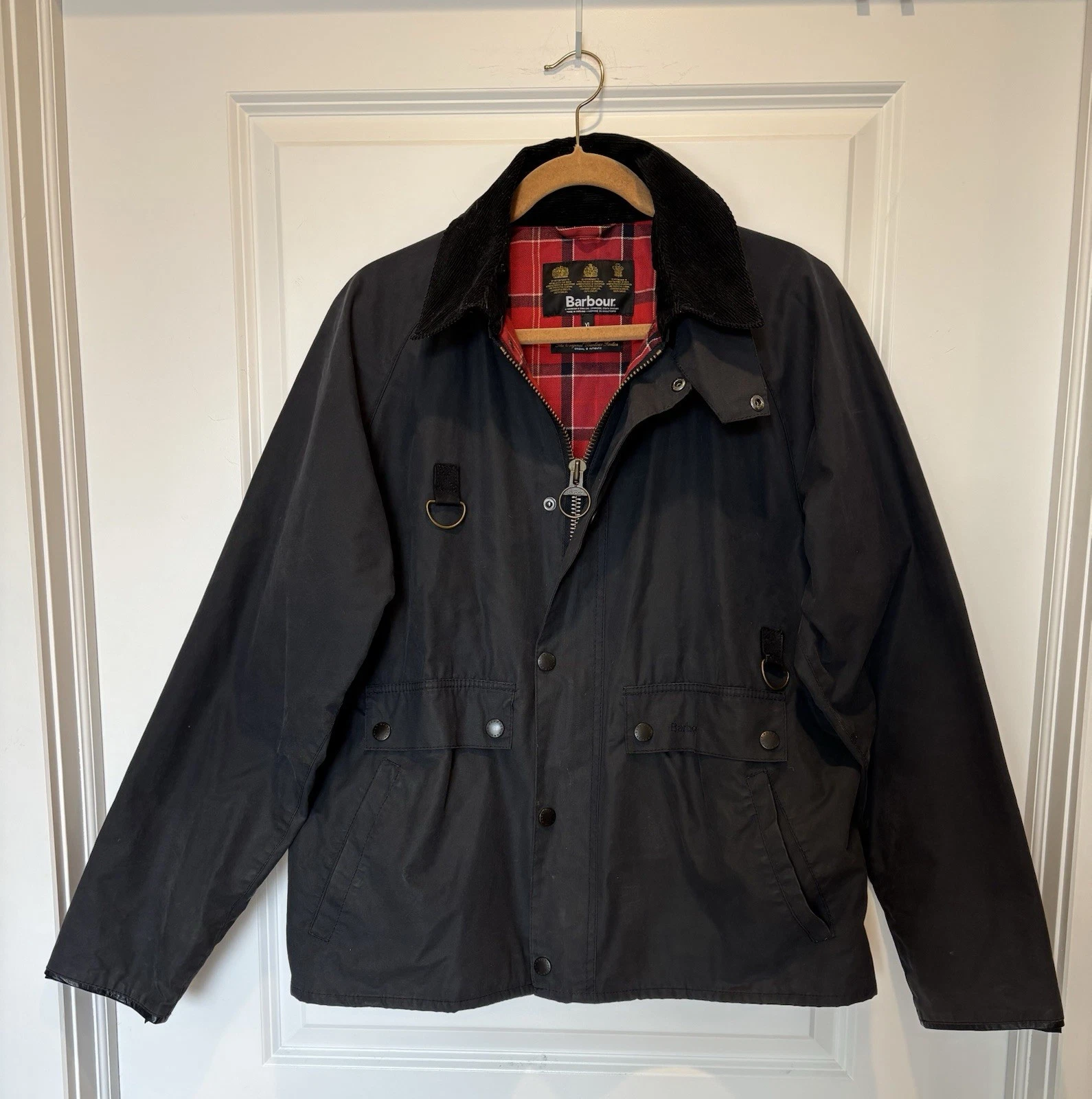Barbour Waxed Jacket XL Navy Blue Men's Standen Spey Short Fishing Wading Coat