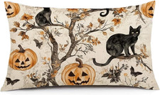 Halloween Pillow Cover 20X12 Autumn Decor Pumpkin Faces Black Cat Throw Pillowca