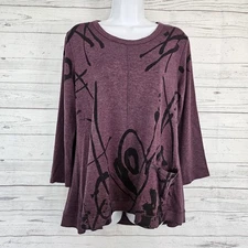 Jess & Jane Womens Top Sz Large Purple Black 3/4 Sleeve Pocket Rayon Blend