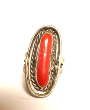 Vintage Navajo Sterling Silver Red Mediterranean Coral Braided Long Ring Sz 6.5