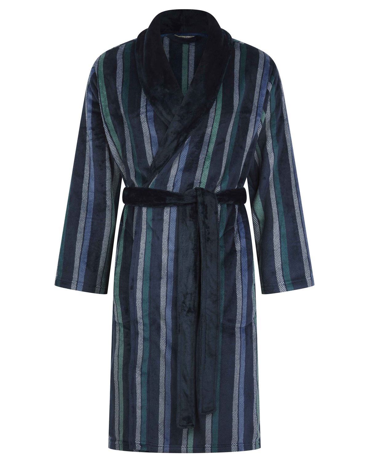 Abrigo de casa Walker Reid para hombre a rayas coral polar envolvente con lazo cintura - azul marino