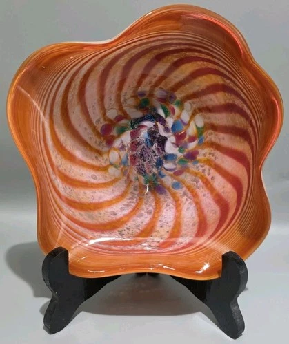 Vintage Cased Art Glass Swirl Tutti Frutti Wavy Orange White Murano Style Bowl