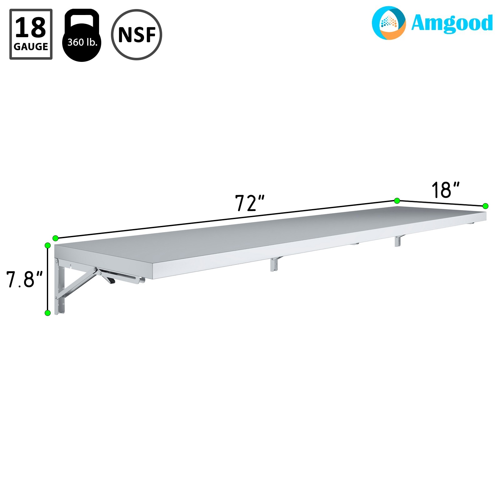 AmGood 18 in. x 72 in. Stainless Steel Folding Wall Shelf