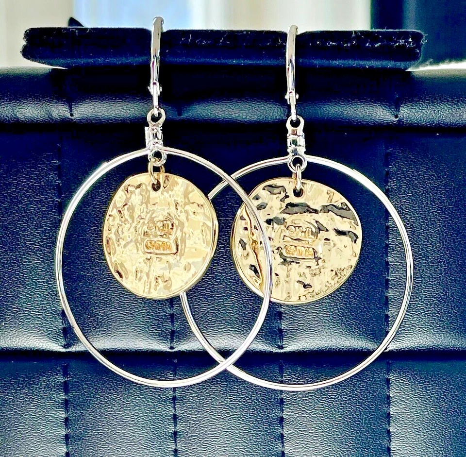 Pendientes KJL Kenneth Jay Lane Disco Dorado Plata Círculo Palanca 2 3/8" L Foto 3 de 4