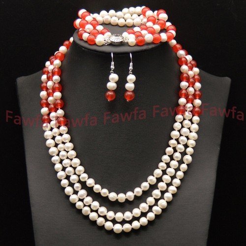 3 Reihen Natürliche 7-8 mm Weiße Perle Rote Jade Edelsteine Halskette Armband Ohrringe Set - Bild 2 von 12