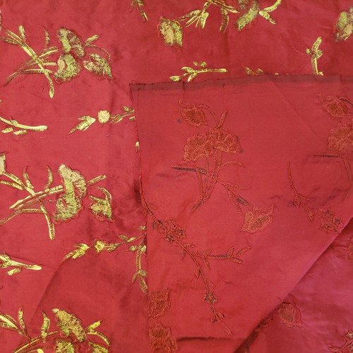 Embroidered Silk Taffeta Fabric Red Gold Painted Foiled 43 x 68 Inch Reversible - Picture 4 of 8