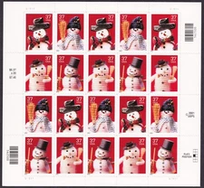 Scott #3679a (3676-79) Snowman Sheet of 20 Stamps - MNH