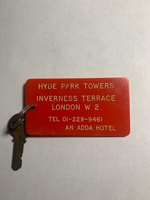 Hyde Park Towers Hotel Motel Room Key Fob & Key London England #211 RARE