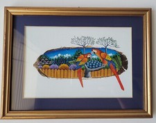 Hand Painted Framed Feather Folk Art Painting Parrots Signed Jose Torres 11x8