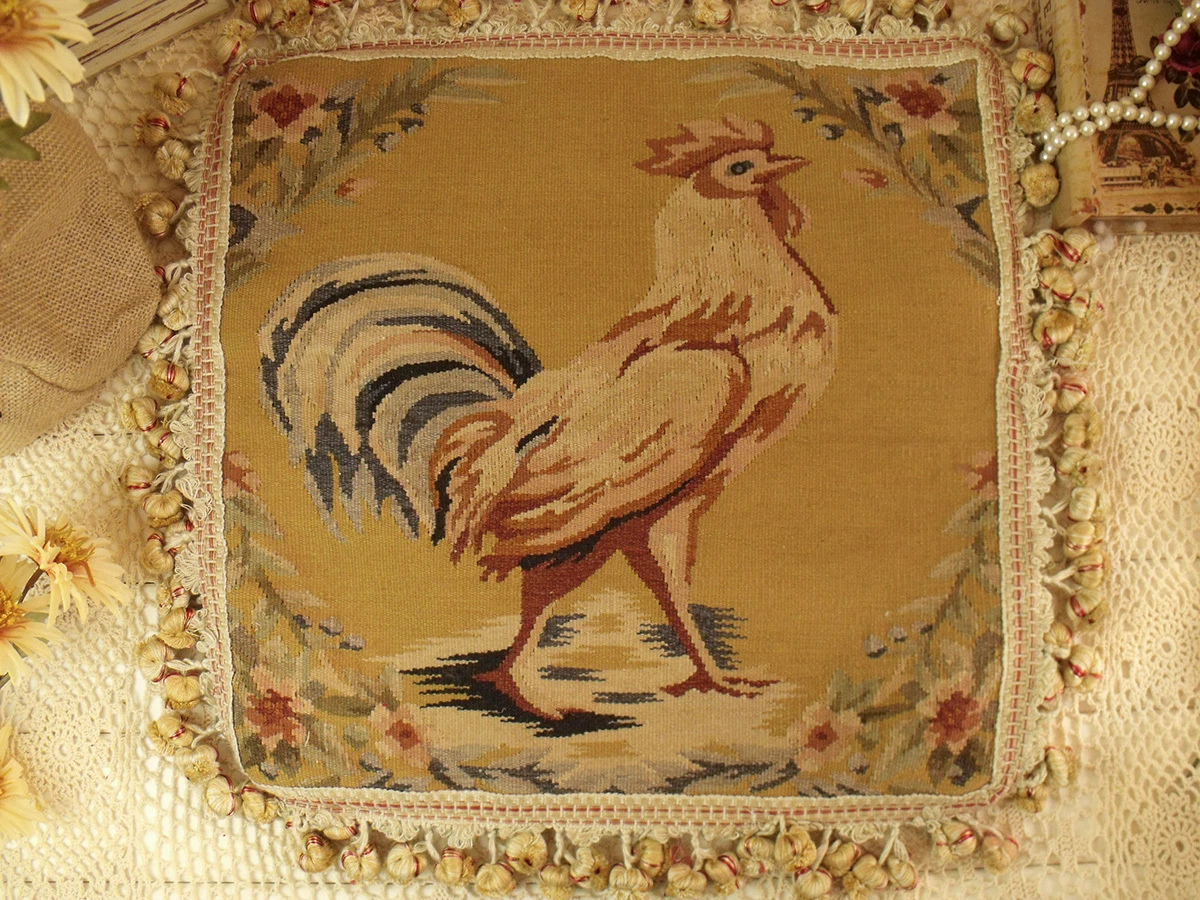17" Retro Vintage French Aubusson Wool Throw Pillow The Country Rooster