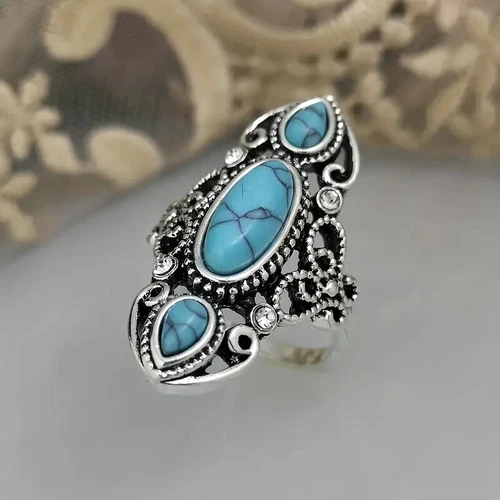Boho 925 Sterling Silver Elegant Charms Vintage Turquoise Charms Ring Size 10.5