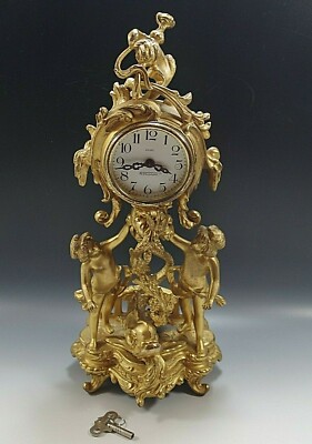 NEW HAVEN CHERUBS & DOLPHIN MANTLE NOVELTY CLOCK VINTAGE WITH KEY