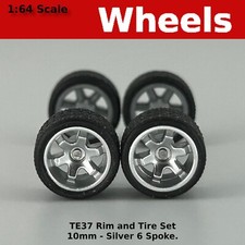 Silver TE37 6 spoke Real Riders JDM Wheels and Tires Set for Hot Wheels