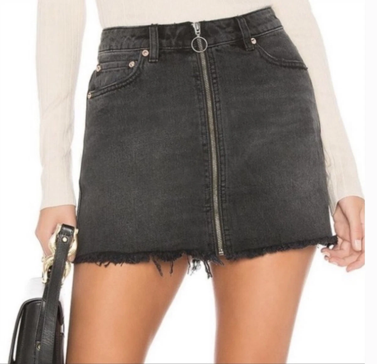 Free People Black Wash Denim Frayed Hem Zip It Up Mini Skirt Size 27 NEW