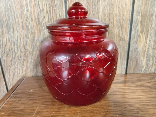 Vintage 1960er FENTON gestepptes Diamant-Bisquit-Glas ~ rotes Kunstglas 7 Zoll Kanister - Bild 2 von 9