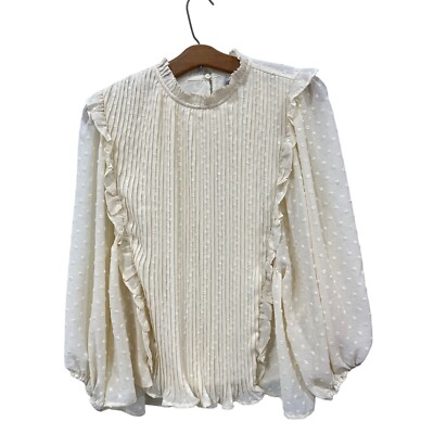 Wishlist Apparel Pintuck Ruffle Swiss Dot Blouse Womens S Cream Keyhole Back