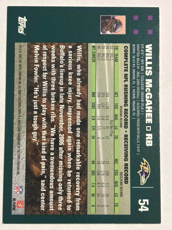 2007 Topps #54 Willis McGahee Baltimore Ravens - Image 2 of 2