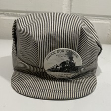 VTG KIDS 6 5/8 Train Conductor Hat Striped Blue White Railroad Locomotive Pin