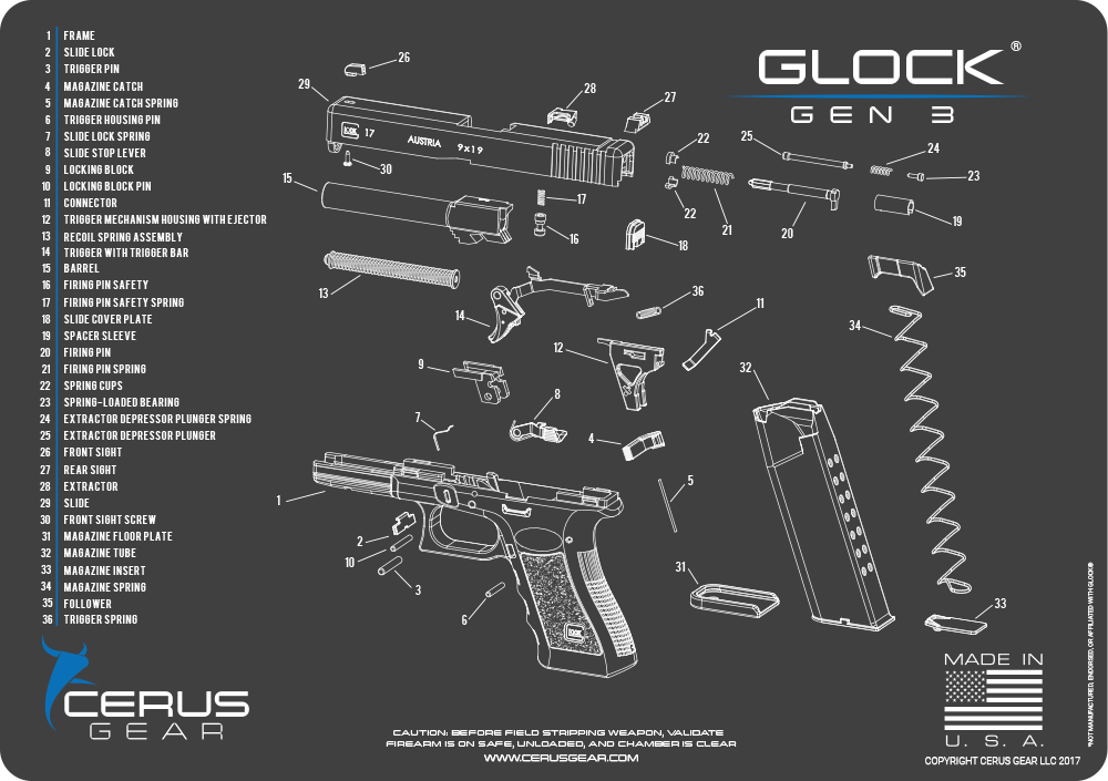 For GEN 3 GLOCK Cerus Gear BENCH MAT 17 19 20 21 22 23 26 27 34 35