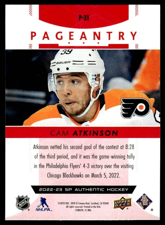 2022-23 SP Authentic Pageantry Red Cam Atkinson Philadelphia Flyers #P-31 - Image 2 of 2
