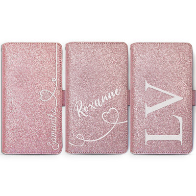 Personalised Initial Pink Glitter Phone Case PU Leather Cover For Huawei