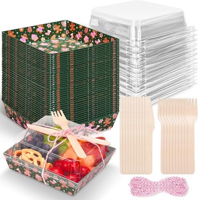 50 Pack Christmas Charcuterie Boxes with Clear Lids Forks Knives Cotton String