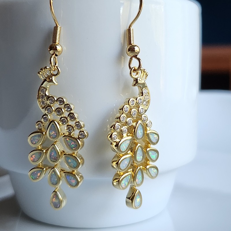 925 Sterling Silver Natural Opal Peacock 2'' Earrings Yellow Gold-Plated