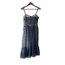 Vintage Sheer Black Floral Lace Midi Slip Dress lingerie Pink Bow Coquette Small