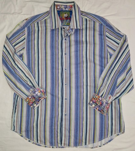 Robert Graham Striped Design Shirt Sz. 2XL Skull Flip Cuffs Colorful Embroidered